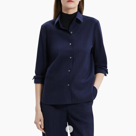 Theory Pinstripe Button-Front Shirt, Size M, Like New - Picture 6 of 9